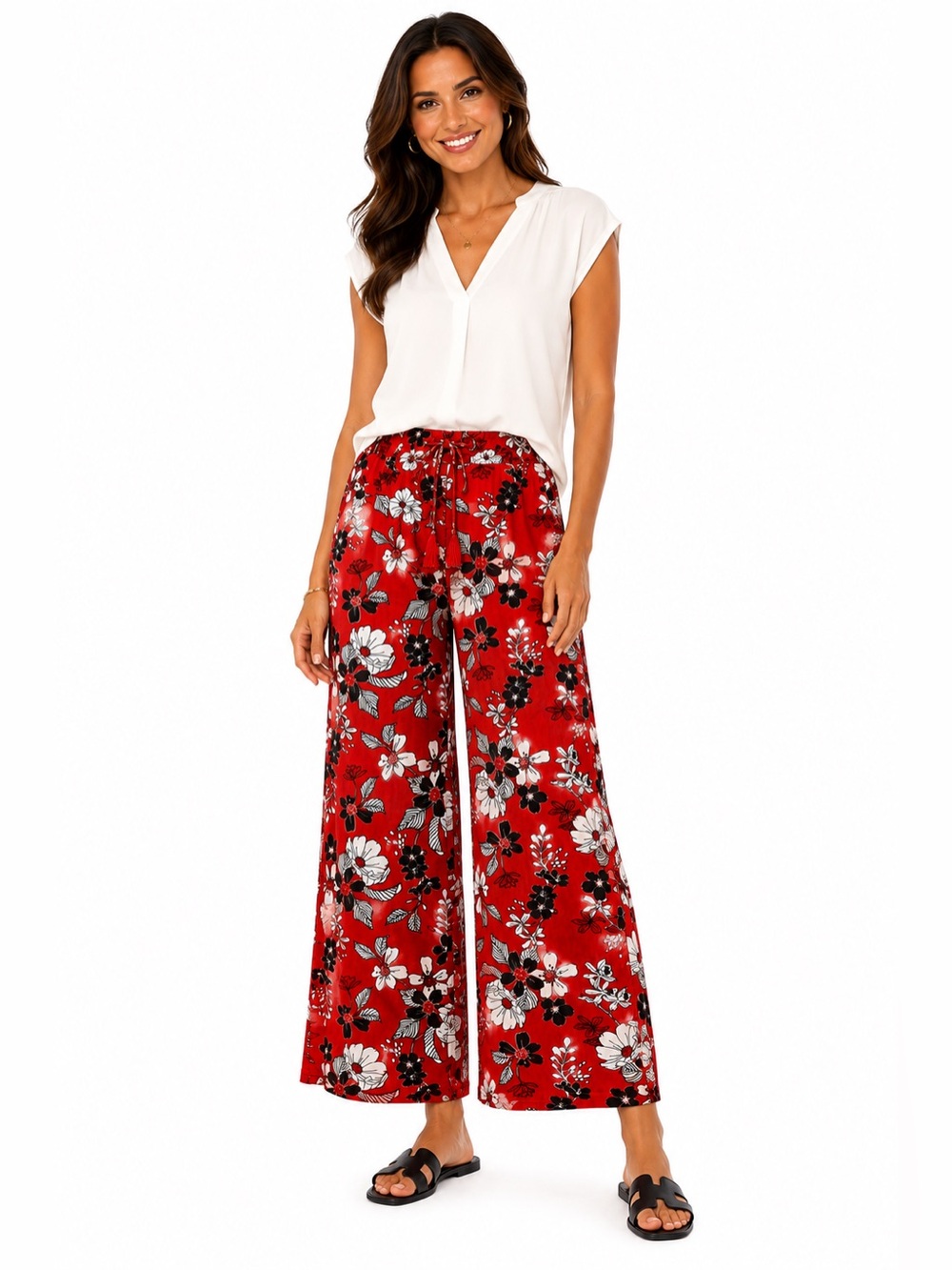 Floral Wide-Leg Drawstring Pants in Red